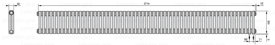 Схема (чертеж) Радиатор Zehnder Charleston 2030/59 №5510 Белый глянцевый RAL 9016